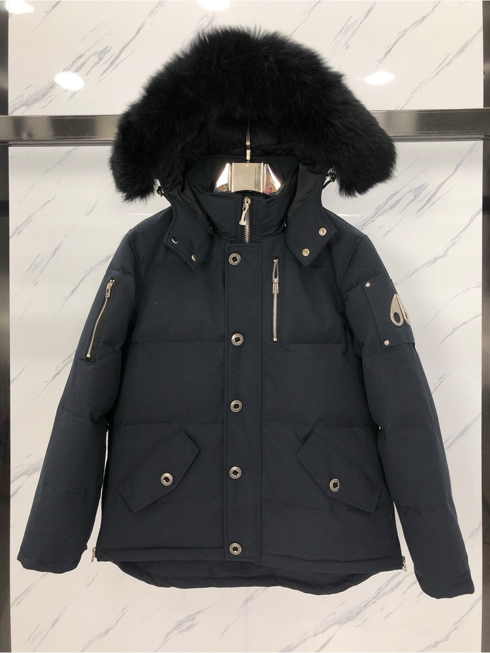 Moose Knuckles Black Hooded Fur-Trim Puffer Jacket